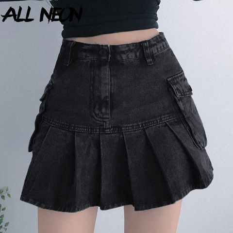 ALLNeon Mall Goth High Waist Jean Skirts Y2K Aesthetics Black Denim Pleated Skirts with Big Pockets Punk Style E-girl Outfits ► Photo 1/6