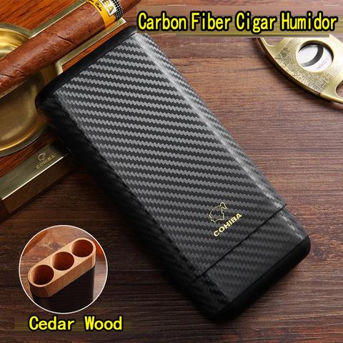 COHIBA Carbon Fiber Leather 3 Tube Wooden Cigar Case Travel Humidor Cedar Wood Cigar Holder ► Photo 1/6