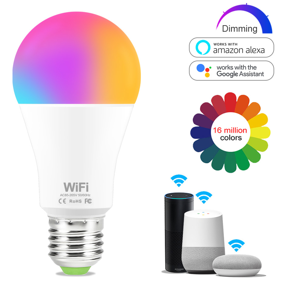 WIFI Smart Light Bulb B22/E27 LED RGB Lamp Work with Alexa/Google Home 15W 