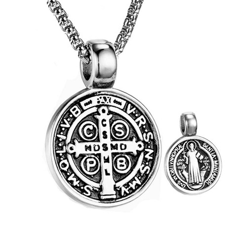 Vintage St Benedict Exorcism Women Men Necklace Round Pendant Stainless Steel 24Inch Chain Catholic Roman Cross Demon Necklaces ► Photo 1/6