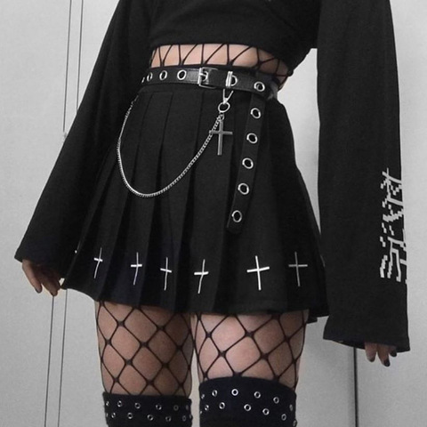Cross Stitch Flower Skirt Dark College Suit Punk Functional Wind A- line Tactical Half Pleated Skirt Korean Style Black Skirt ► Photo 1/6