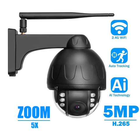 Exterior Metal Waterproof HD 5MP Auto Tracking Black Dome IP Camera WiFi PTZ 5x Zoom Wireless Infrared CCTV Audio SD Card Record ► Photo 1/6