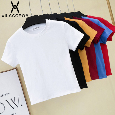 Crop Top T-Shirt Female Solid Cotton O-Neck Short Sleeve T-shirts for Women High Waist Slim Short Sport Blanc Femme T-Shirt ► Photo 1/6
