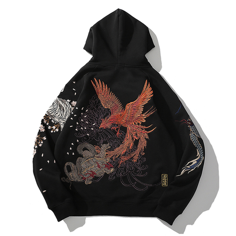 2022 new Chinese style embroidery four gods beast dragon tiger hooded hoodie autumn and winter plus velvet thick men's clothing ► Photo 1/6