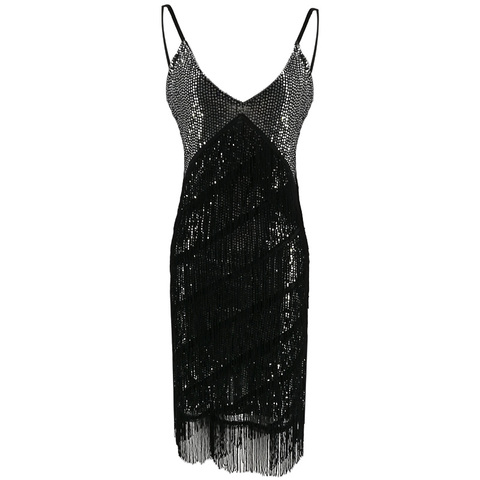 Stunning Stage Dance Costume Tiered Tassel V-Neck Fringe Dress 1920s Great Gatsby Dress Flapper Party Sequin Cami Dress ► Photo 1/6