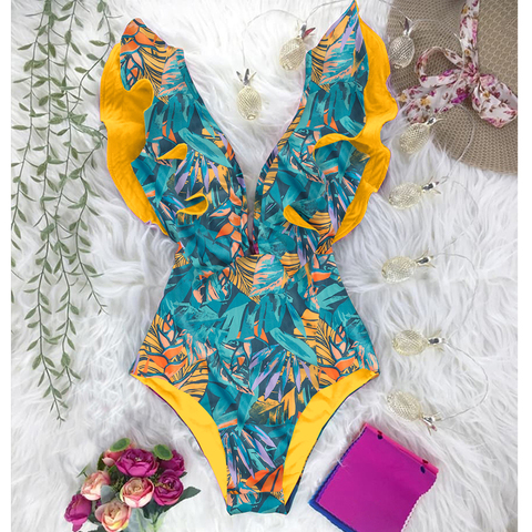 2022 New Print Swimwear Deep V-neck Ruffle Swimsuit Push Up One Piece Swimsuit Beach Wear Backless Monokini ► Photo 1/6