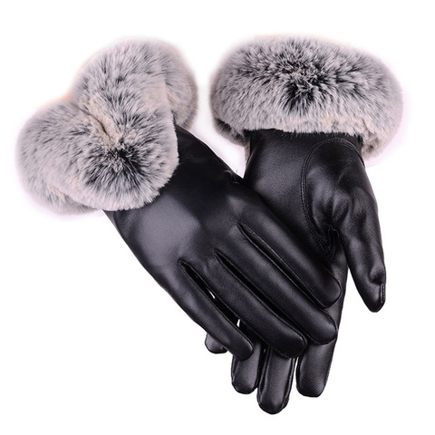 Women Winter Gloves Faux Rabbit PU Leather Touch Screen Mittens Lady Female Outdoor Driving Warm Gloves ► Photo 1/6