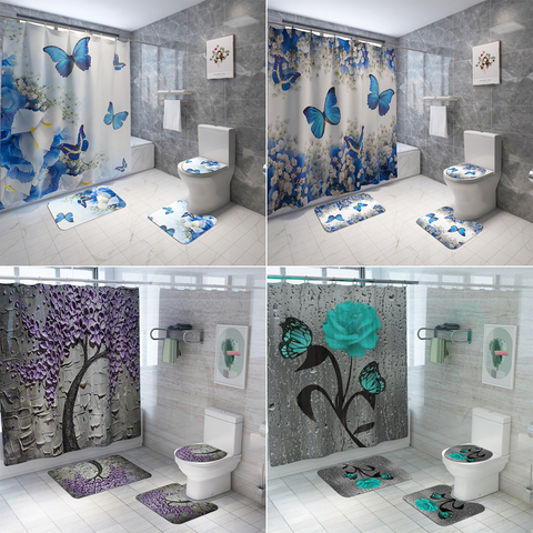 Blue Butterfly Print Shower Curtain 4 Piece Carpet Cover Toilet Cover Bath Mat Pad Set Bathroom Curtain with 12 Hooks Home Decor ► Photo 1/6