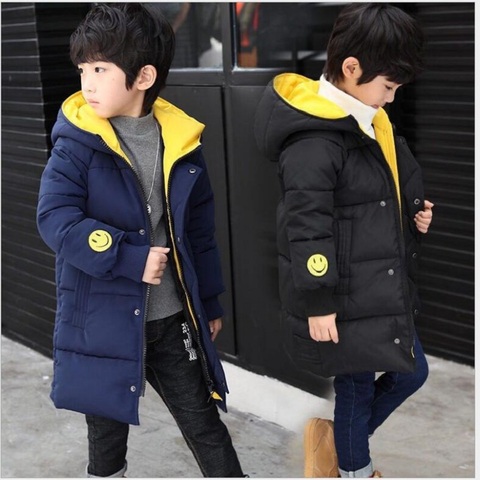 Fshion Smiley Children's coat boys cotton coat winter Hooded thickened long coat to keep warm big Boys padded jacket  4-14yrs ► Photo 1/6