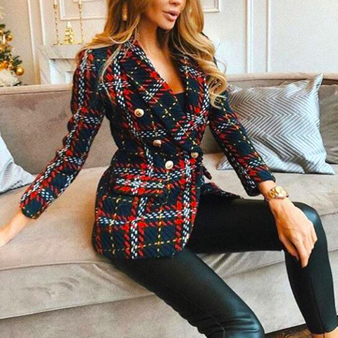 Plaid Notched Collar Tweed Blazer Single Breasted Pockets Tassel Chic Tops 