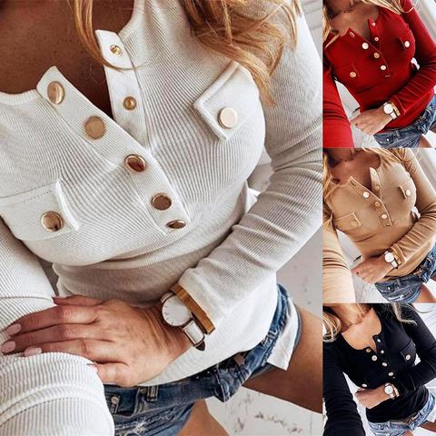 2022 Spring Autumn  Fashion Sexy Women Long Sleeve Solid Color Button-s Ribbed Slim Plus Size Low-cut Blouse M-5XL woman cloth ► Photo 1/6