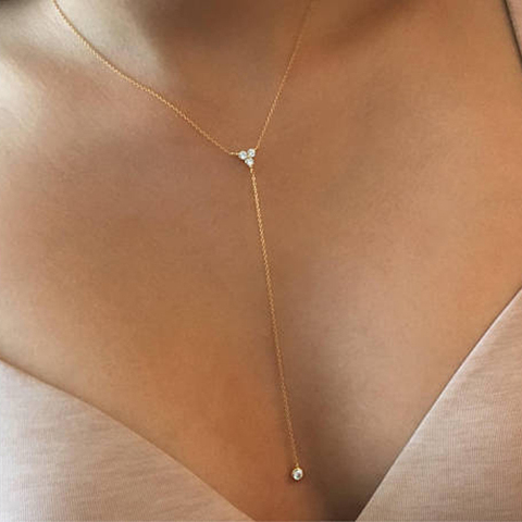 2022 925 Sterling silver simple long chain lariat necklace triangle round cz charm Y shaped minimal deilcate dainty women style ► Photo 1/6