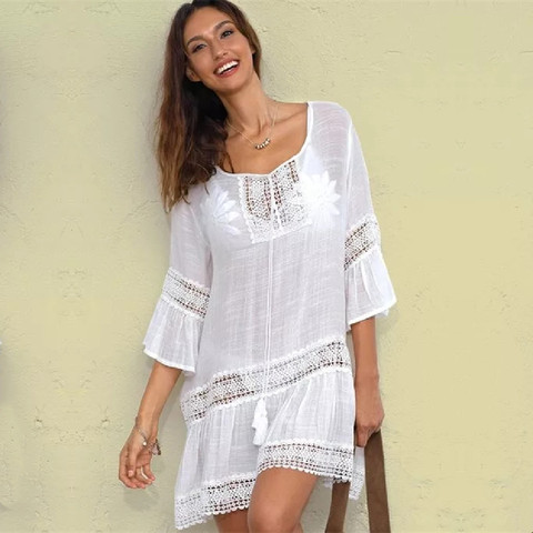 Bamboo Cotton Summer Pareo Beach Cover Up Sexy Swimwear Women Swimsuit Cover Up Kaftan Beach Dress Tunic White Beachwear #Q382 ► Photo 1/6