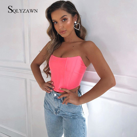 Satin Strapless Corset Sexy Women Fluorescent Pink Crop Top Slim Off Shoulder Female Slash Neck Short Tops Night Party Clubwear ► Photo 1/6