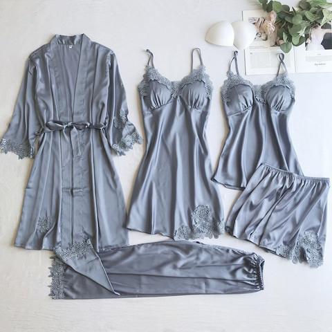 Gray 5PCS Nightgown Set Women Lace Nightwear V-Neck Pajamas Suit Homewear Spring Sleepwear Robe Gown Sleep Wear Pijama Negligee ► Photo 1/6