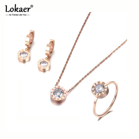 Lokaer Classic Round 2Ct Cubic Zirconia Pendant Necklace Earrings Ring Jewelry Sets Titanium Steel For Valentine's Day SE007R ► Photo 1/6