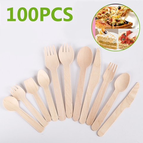 100Pcs Disposable Prong Spoon Knife Straw with Brush Wooden Fork Compostable Forks Bamboo Plates Party Picnic Kitchen Christmas ► Photo 1/6