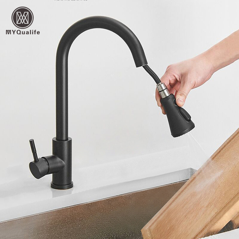 Free Shipping  Black Pull Out Kitchen Sink Faucet Deck Mounted Stream Sprayer Kitchen Mixer Tap Bathroom Kitchen Hot Cold Tap ► Photo 1/6