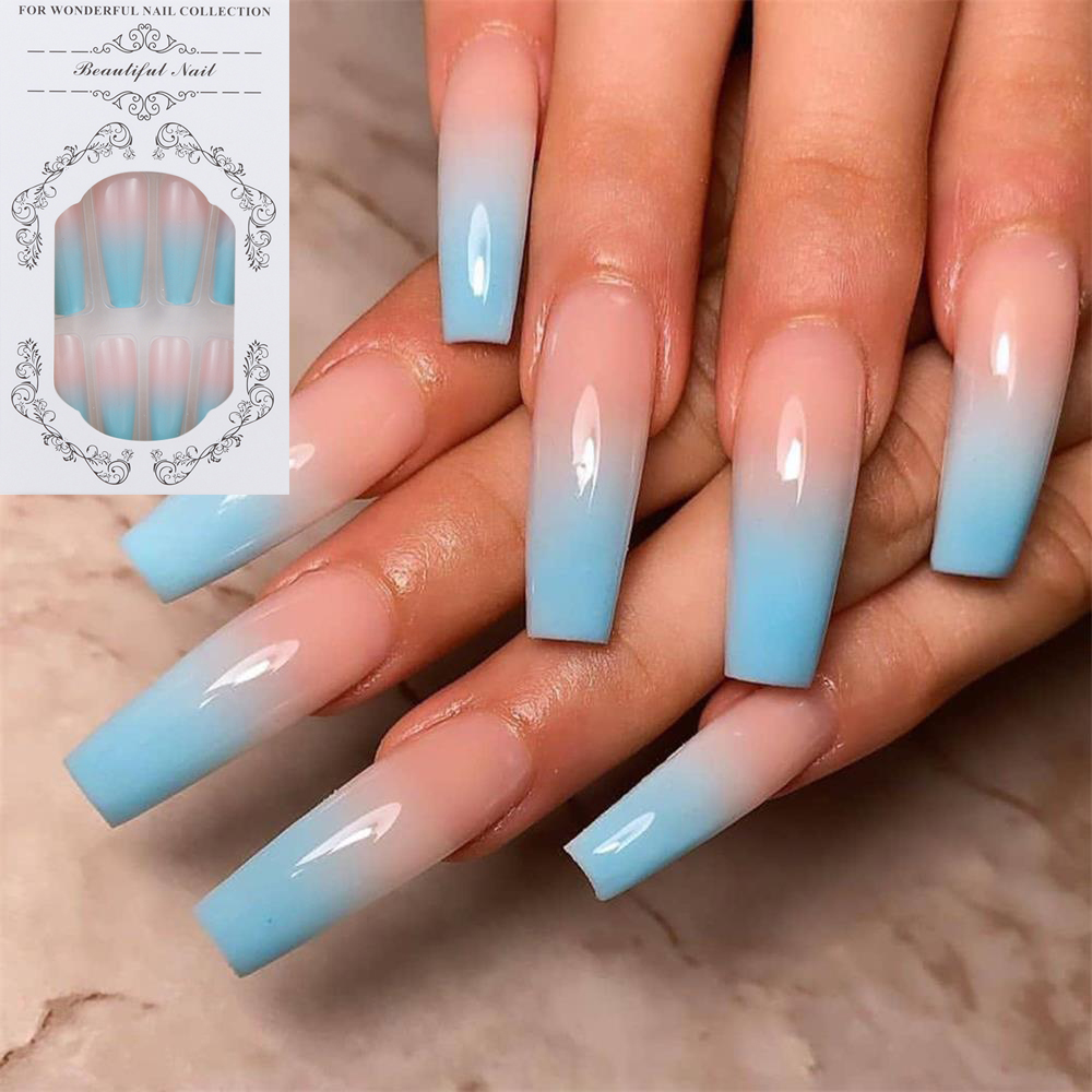 Buy Online 24pcs Set Long Shiny Fake Nails Natural Nude Full Cover French Ballerina Artificial Fingernails Nails Tips Manicure Tools Alitools