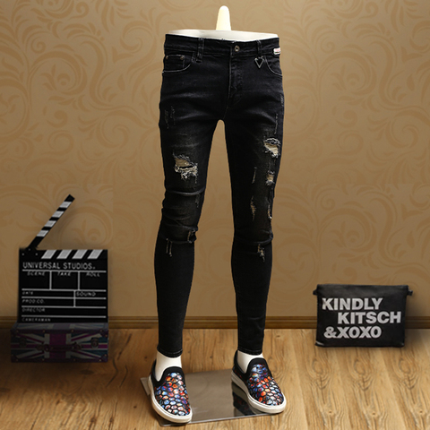 Casual Mens Skinny Ripped Jeans Black Denim Pants Jean for Streetwear Cowboys Men PSMJ70 ► Photo 1/1