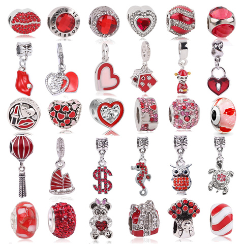Boosbiy 2pc Red lips Heart Crown Charm Beads Pendant Fit Brand Charms Bracelet Necklace For Women Jewelry DIY Making ► Photo 1/6