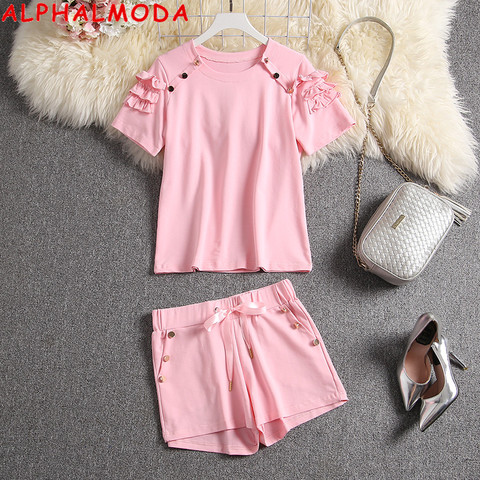 ALPHALMODA 2022 Summer New Arrived Women Cute Tshirt Shorts 2pcs Set Ruffled Sleeve Button Design Sweet Girls Clothes Set ► Photo 1/6