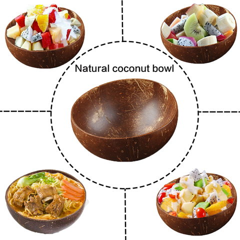 12-15cm Natural coconut bowl set handmade coconut shell tableware wood spoon dessert fruit salad mixing bowl rice Ramen bowl ► Photo 1/6