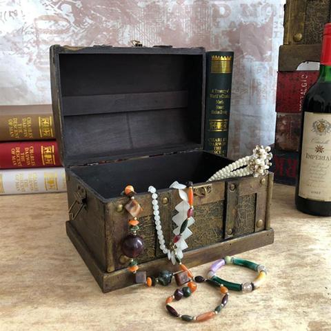 Retro Wooden Pirate Treasure Chest Gem Jewelry Storage Box Trinket Keepsake Treasure Room Decorations Home Organizer ► Photo 1/6