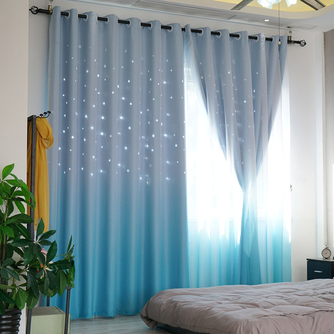 Pastoral Curtains for Living Dining Room Lace Fabric Hollow Star Kids Curtain for Bedroom Tulle Curtain Gradual Change Fantastic ► Photo 1/6