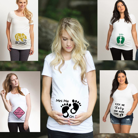 Baby on Board Pregnant Anouncement T-Shirts Pregnancy Plus-Size Short Sleeve T-Shirt Tops Maternity Cartoon Print Soft Clothes ► Photo 1/6