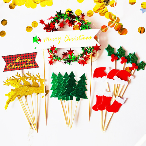 Christmas Tree Flower Cupcake Toppers Deer Star Hat Insert Baby Girl Birthday Party Decor Christmas Cake Accessories Supplies ► Photo 1/6