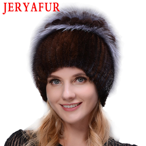 JERYAFUR New style rabbit fur hat knitted wool fashion mink and Fox Fur Hat Winter women's trip Ski Hat protects ears Russian ► Photo 1/6