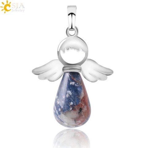 CSJA Natural Stones Angels Pendant for Necklace Pink Quartz Onyx Pendants Silver-color Water Drop Female Child Jewelry Gift E949 ► Photo 1/6