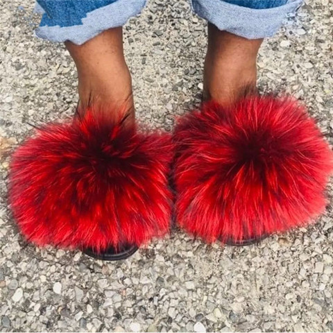 Furry Slides New Arrival Girl Luxury Fluffy Fur Slippers Fashion Fuzzy Slides Women Amazing Shoes Plush Fur Slides Wholesale Hot ► Photo 1/1