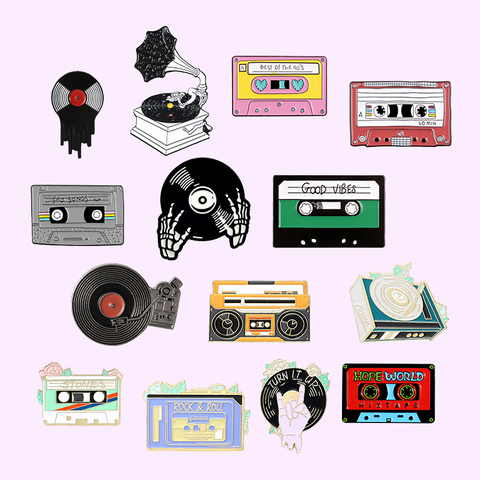 Music Lovers Enamel Pins Tape Cassette DJ Vinyl Record Player Badge Brooches Lapel Pin Gothic Jewelry Gift for Friends Wholesale ► Photo 1/6