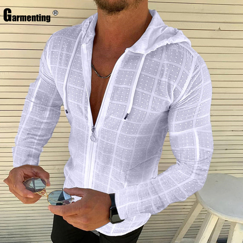 Garmenting Trend 2022 Hoodie Shirt Patchwork Zipper Men Summer Casual Plaid Tops Solid White Tees Mens Open Stitch Thin Tshirt ► Photo 1/6