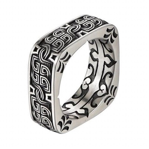 2022 100% real s925 pure silver vintage square disc ancient male ring Personality domineering power game Thai silver ring around ► Photo 1/6