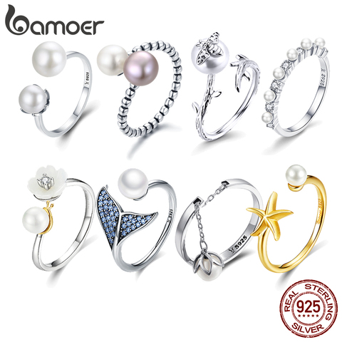 BAMOER Creative Double Pearl Finger Ring Fish Tail for Women Adjustable Size fit 5 6 7 8 9 Authentic Sterling Silver 925 Jewelry ► Photo 1/6