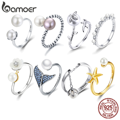 BAMOER Creative Double Pearl Finger Ring Fish Tail for Women Adjustable Size fit 5 6 7 8 9 Authentic Sterling Silver 925 Jewelry ► Photo 1/6