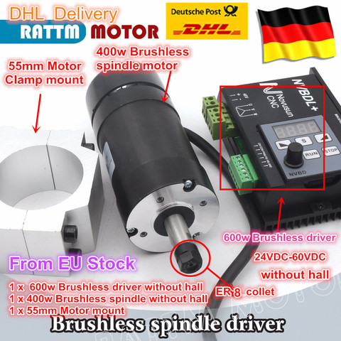 DE.EU.RU free VAT Brushless 400W CNC Spindle Motor 48VDC ER8 & 600W Brushless Motor Driver Without Hall & 55mm motor Mount Clamp ► Photo 1/6