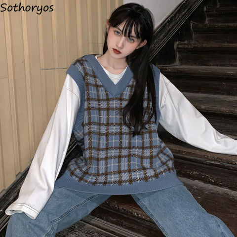 Vest Women Plaid Vintage Harajuku Stylish Street-wear V-neck Sleeveless Sweaters Students Korean-style Loose Casual Fashion Chic ► Photo 1/6