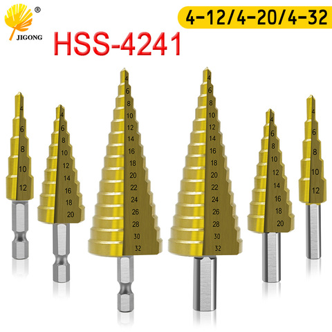HSS step drill titanium coating 4-12mm 4-22mm 4-32mm taper hole cutter 1/4'' hex handle triangle handle bit for metal wood ► Photo 1/6
