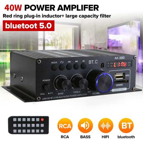 40W*2 Ak380 bluetooth 5.0 HiFi Power Amplifiers Stereo Home Car Audio 12V Digital Sound Amplifier BASS Music Player FM Radio ► Photo 1/6