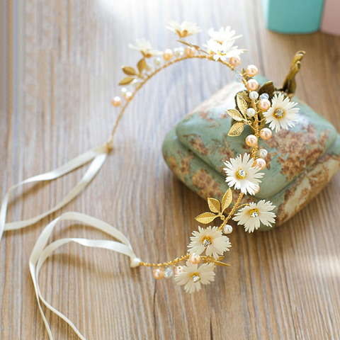 FORSEVEN Gold Leaf Daisy Flower Headband Bridal Tiaras Hair Jewelry Ribbon Wreath Pearl Headpiece Wedding Bride Hair Accessories ► Photo 1/6