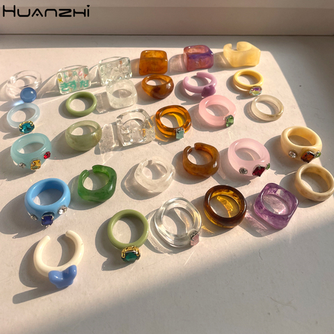 HUANZHI 2022 New Transparent Resin Acrylic Rhinestone Colourful Geometric Square Round Rings Set for Women Jewelry Party Gifts ► Photo 1/6