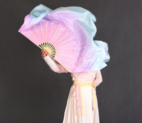 Light Pink  Purple  Blue Gradient Silk Veil Pairs(1R+1L) Real Silk Yangko Dance Fan Veils Half Circle Two Layers 34