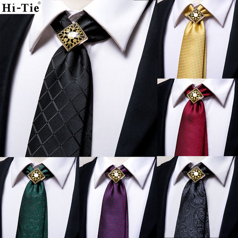 Hi-Tie Gift Men Tie Black Glod Solid Silk Wedding Tie For Men Hanky Cufflink Ring Set Fashion Design Business Party Dropshipping ► Photo 1/6