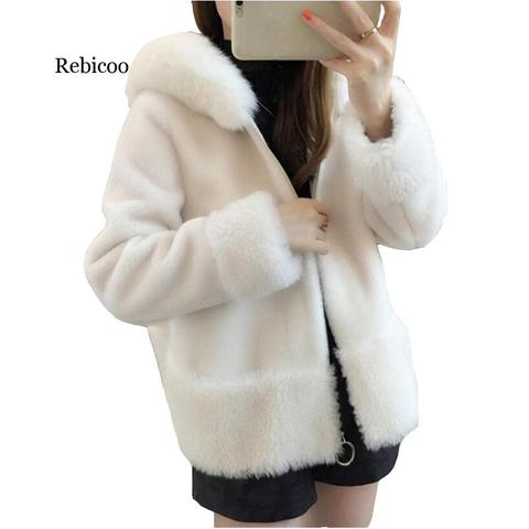 New winter Parker sheep shearing coats female fox fur collar jacket coat ladies lamb hair short coat hooded velvet fur Womens ► Photo 1/6