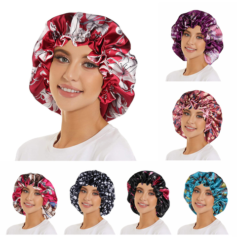 1PC Double Layer Silk Bonnets Elastic Reversible Extra Large Satin Sleeping Cap for Curly/Natural  Hair Women Girl Head Wrap ► Photo 1/6
