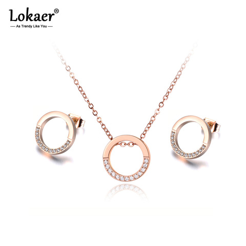 Lokaer Stainless Steel Round Circle Mosaic Shiny CZ Crystal Necklace Earrings Bridal Sets For Women Wedding Bands Jewelry SE026 ► Photo 1/6